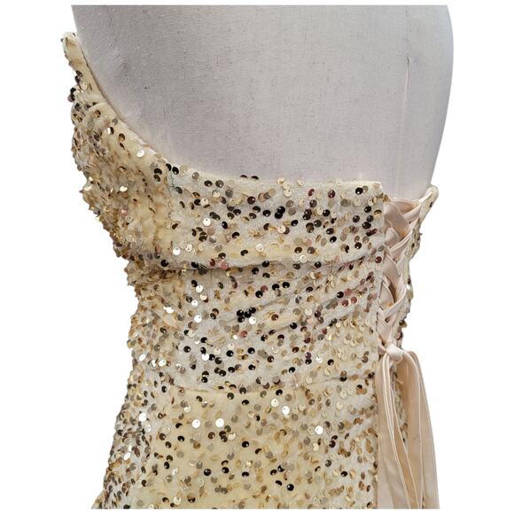 NWT Beige Gold Strapless Sequin Evening Gown with Corset Back on Velvet Fabric - Picture 9 of 12